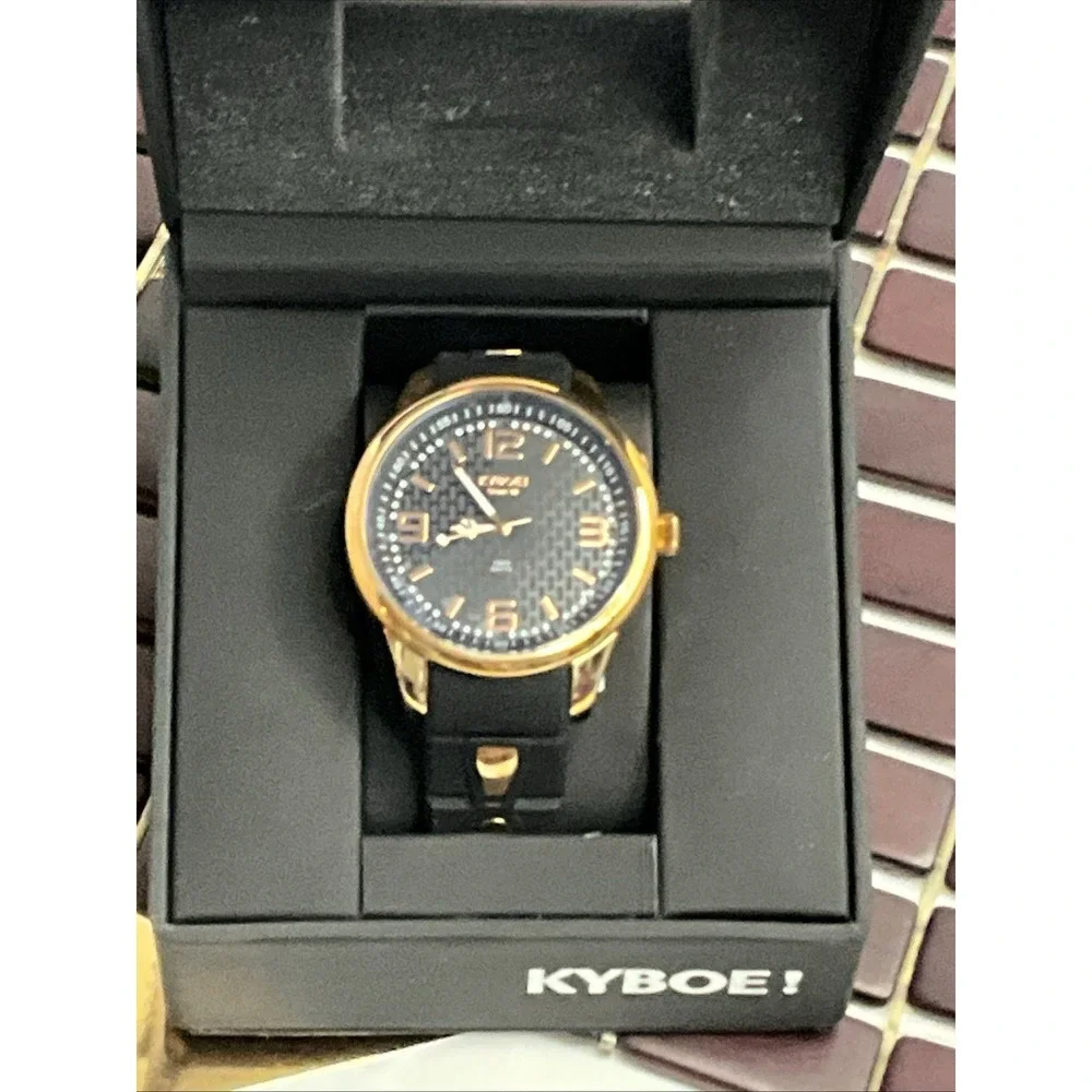 Kyboe Men Giant 48MM Black‎ Case Black Silicone Band Gold Trim Light Up New